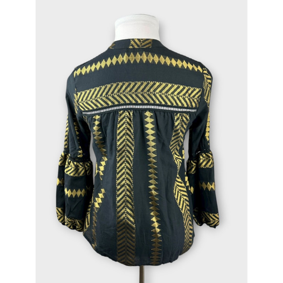 Kasia Blouse Black & Gold Balloon Sleeve Boho Geometric Babydoll Top Size Small - Picture 10 of 13